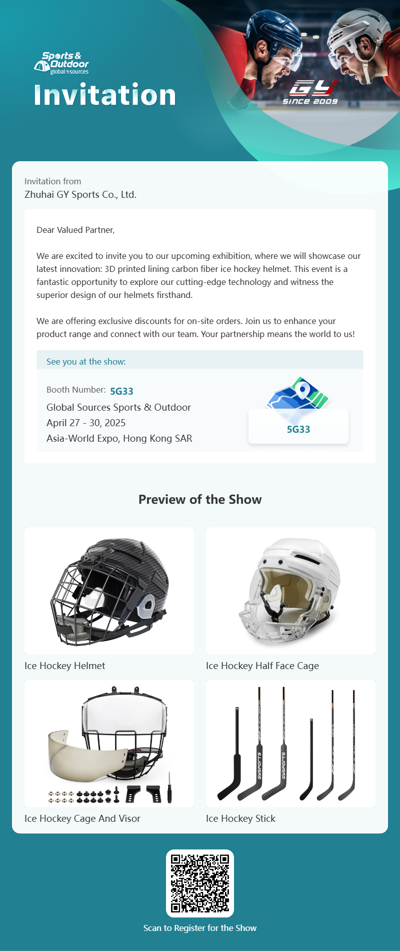 GY Global Sources Sports & Outdoors, 27-30 April 2025, Ekspo Asia-World, Hong Kong SAR, Nombor Gerai. 5G33